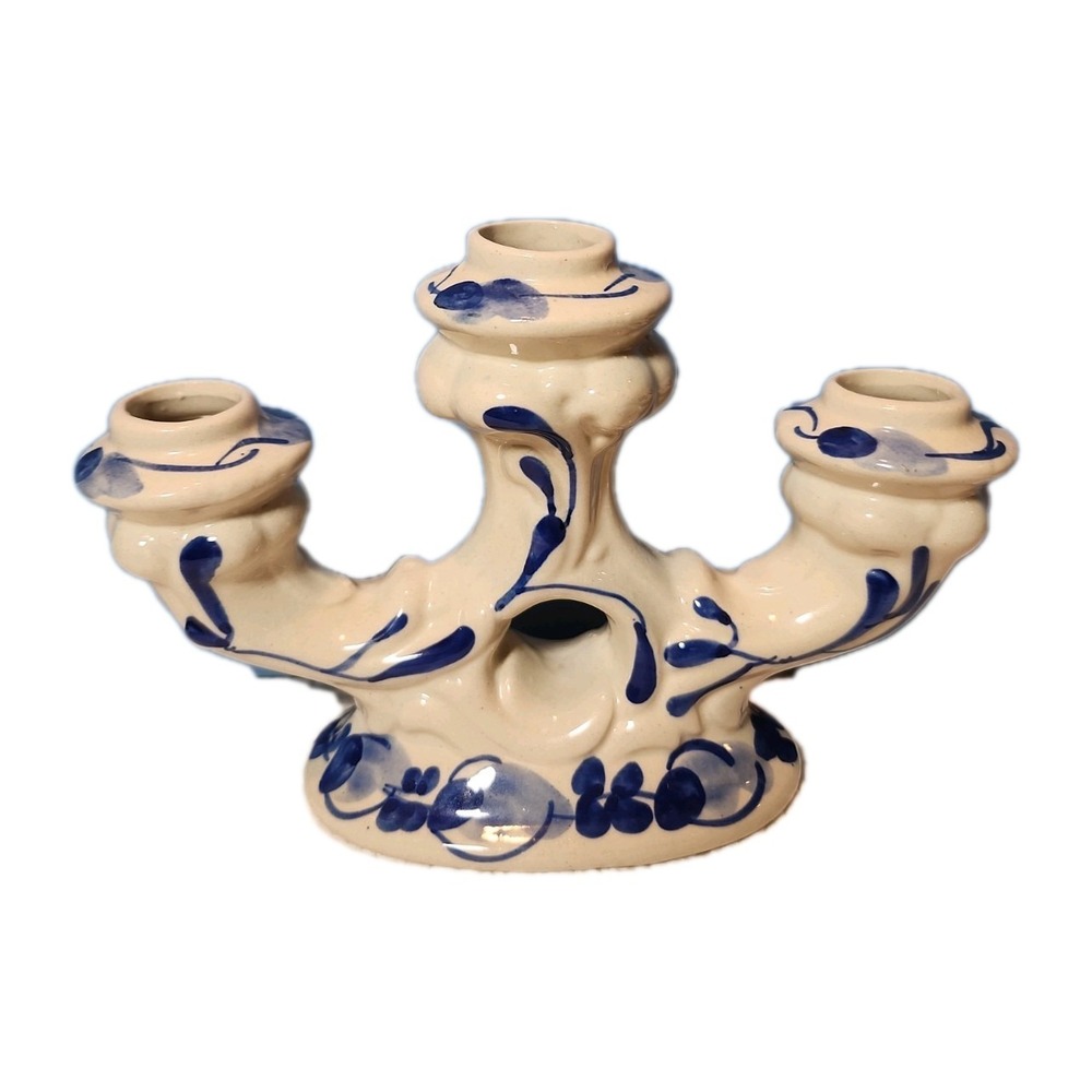 Vintage Gzhel Russian Style Candelabra. Unmarked. 3 Candle Holder No Flaws